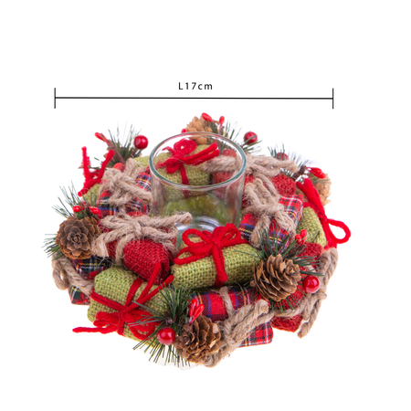 Porta candela con decorazioni pacchi regalo e pigne per interni H6 cm