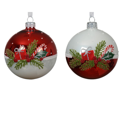 Palline per albero di Natale in vetro decorate rosso e bianco con vischio, 6 pezzi