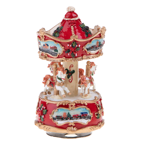 Statuetta giostra con carillon in resina H13,50 cm per decorazioni natalizie