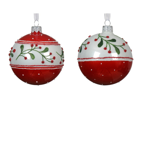 Palline per albero di Natale in vetro decorate rosso e bianco con vischio, 6 pezzi