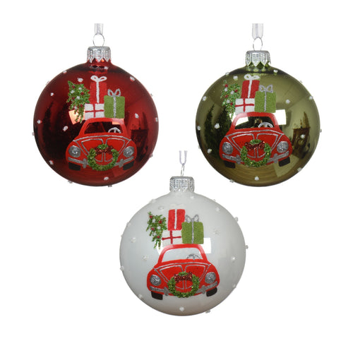 Palline per albero di Natale in vetro decorate verde, rosso e bianco con auto, 6 pezzi