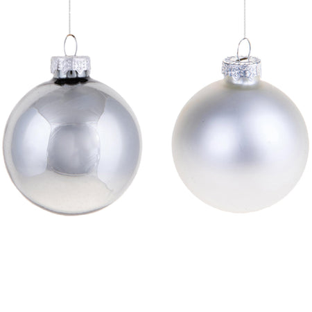 Palline per albero di Natale in vetro decorate color Argento e Bianco lucido e opaco