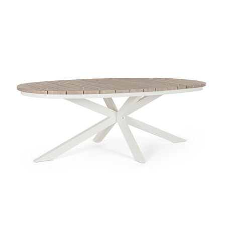 Tavolo "Zelmar" con struttura in alluminio, piano in doghe effetto legno, per arredo interno ed esterno