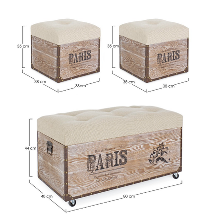 Set 3 Pouf "Travel Paris corda" effetto legno