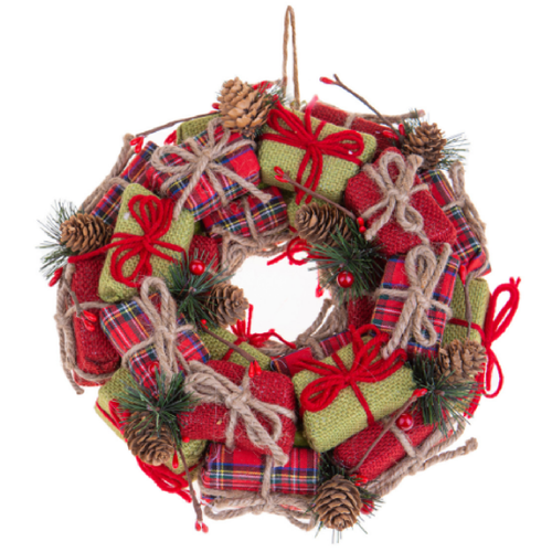 Corona natalizia decorata con pacchi regalo h 26 cm