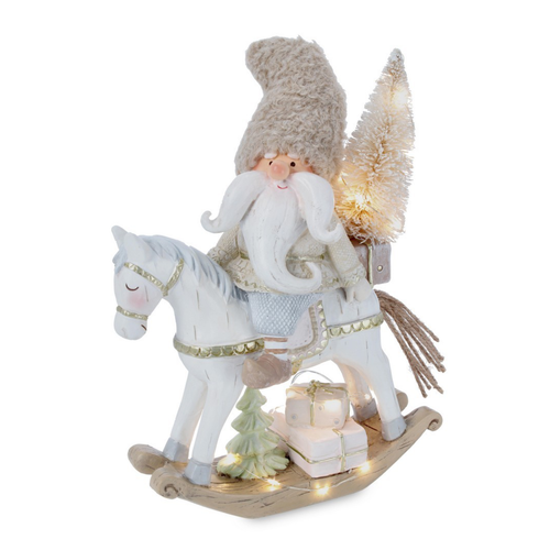 Cavallino a dondolo Desley con babbo natale e led natalizio in poliresina