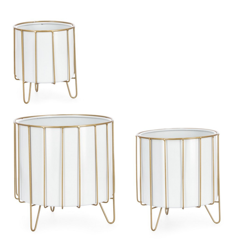 Set 3 Portafiori Hellin to basso  color bianco-oro decorativo in acciaio