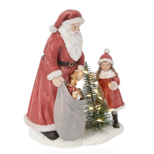 Babbo natale Baldwin rosso con bimba e led in poliresina per decorazioni natalizie