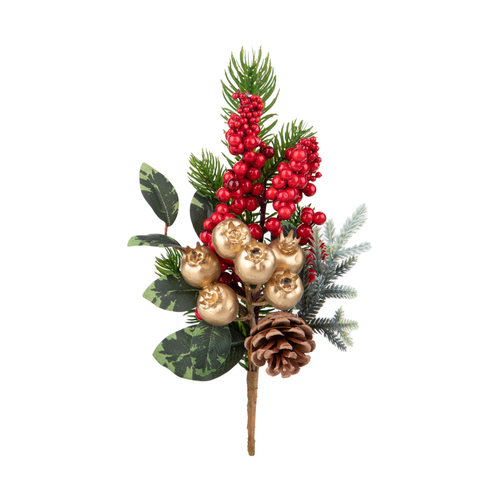 Ramo decorativo con pigne color rosso e oro per decorazioni natalizie
