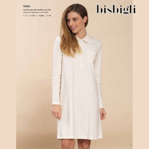 Camicia da notte donna Bisbigli in cotone con collo Serafino, manica lunga, colore panna/corda, Made in Italy