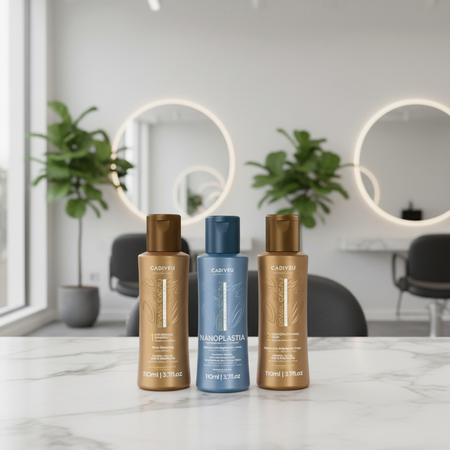 Cadiveu brasil cacau mini kit nanoplastia 3 x 110 ml effetto liscio supremo composto da: shampoo antiresidui, fluido nanoplastia e deep conditioner mask