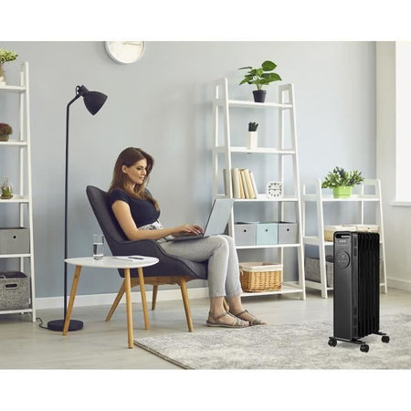 Radiatore elettrico a bagno d'olio 2500W OCEANIC - 3 potenze - Termostato elettronico - Telecomando - Mobile - Nero