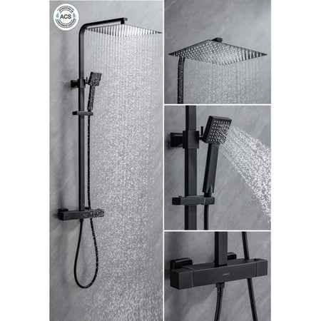 Colonna doccia OCEANIC - Miscelatore termostatico corpo freddo - Soffione doccia alto quadrato 30x30 cm - Nero opaco