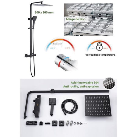 Colonna doccia OCEANIC - Miscelatore termostatico corpo freddo - Soffione doccia alto quadrato 30x30 cm - Nero opaco