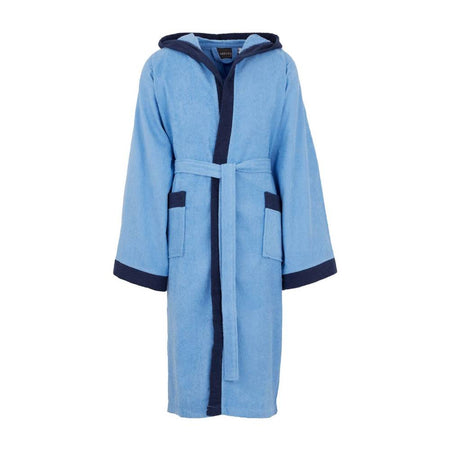 Accappatoio Voyage L/XL Carrara in microspugna di cotone 280 gr/mq, profili a contrasto, con cappuccio e tasche, in custodia trasparente richiudibile.