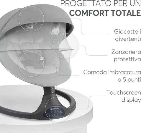 KIKKABOO Sdraietta Neonati Elettrica CODIE - Dondolo Elettrico per Neonati con Bluetooth, 5 Velocità, Schienale Regolabile, 10 Melodie, Fino a 9 kg, colore LIGHT GREY - GRIGIO CHIARO - con Telecomando - rilassante, calmante