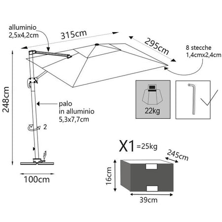 TESLA - ombrellone da giardino decentrato con led 3x3 Bianco