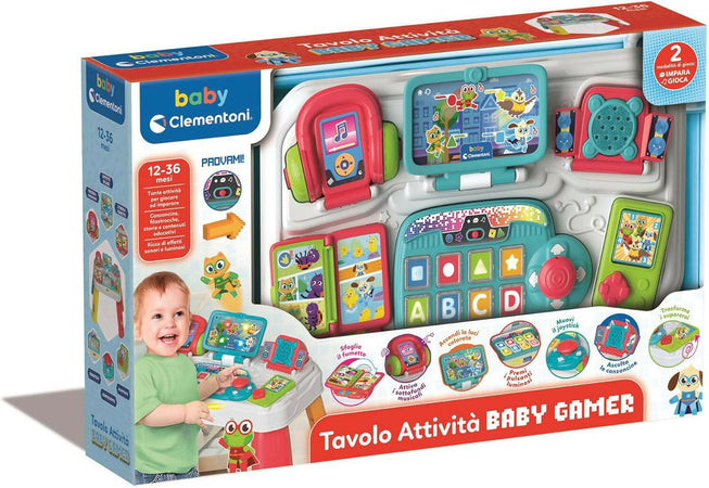 CLEMENTONI Baby - Tavolo attività Baby Gamer, Postazione Gaming per Bambini, con Tastiera e Elementi Interattivi, Bambini di 12-36 Mesi, Stimola Lo Sviluppo Cognitivo, Motorio e Emotivo, 17547