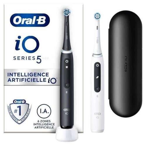 Oral-B iO 5 Confezione da 2, spazzolini elettrici bianchi e neri, 2 testine