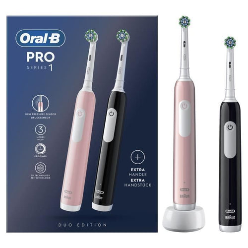 Oral-B Pro Series 1 Confezione da due spazzolini elettrici rosa e neri, 2 testine, progettati da Braun