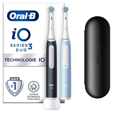 Oral-B iO 3 Confezione da 2, Spazzolini Elettrici Neri e Blu, 2 Testine, 1 Custodia da Viaggio