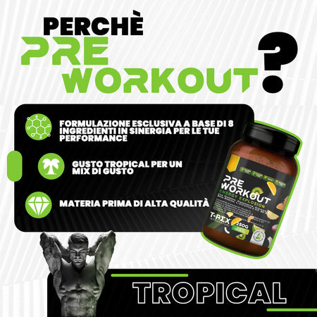 T-rex integratori pre workout, energy drink potente con creatina monoidrata, citrullina, taurina, arginina, beta alanina e vitamine - senza caffeina, 250 g (Tropical, 250 g (confezione da 1))