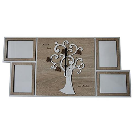 Orologio con 4 portafoto da parete in legno mdf, personalizzabile. Misure cm. 32x60