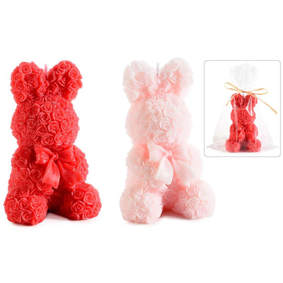 Candela a forma di coniglio con fiocco e superficie a rose 11,5 cm