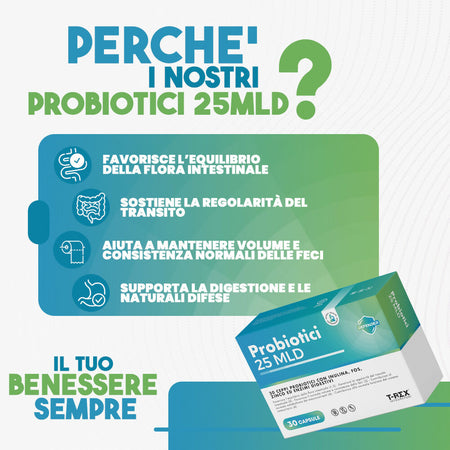 T-rex integratori Probiotici 25 MLD con 30 ceppi. Con prebiotici (Inulina e FOS), Zinco ed enzimi digestivi Fibrazyme™ - 30 capsule