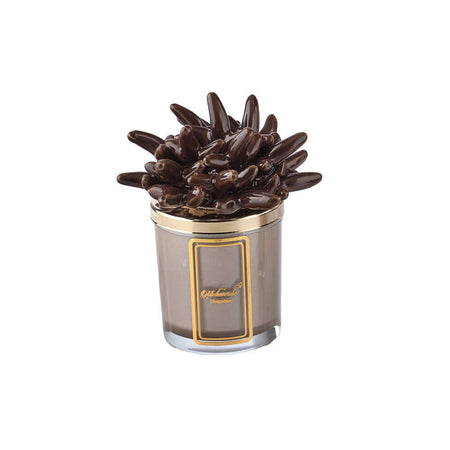 Candela artigianale in ceramica corallo marrone Melaverde da 200gr, decorata a mano, con scatola elegante pronta da regalare.