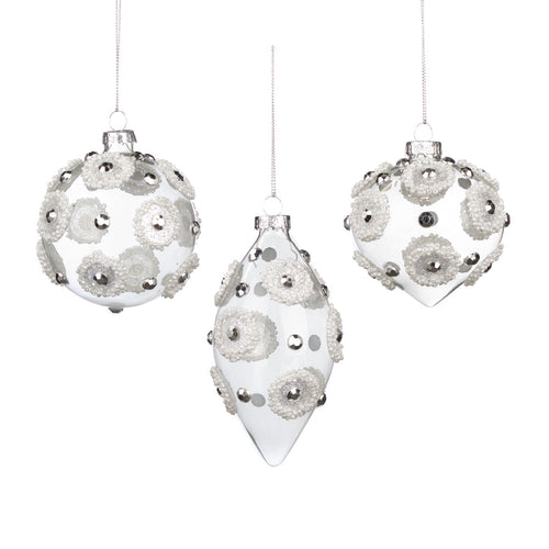 Pallina in vetro trasparente con decorazioni argento per albero di Natale da Ø 8 cm, set da 3 pezzi