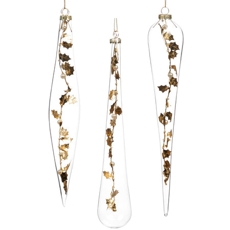Pendente in vetro trasparente con decorazioni oro per albero di Natale da 30 cm, set da 3 pezzi