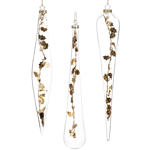 Pendente in vetro trasparente con decorazioni oro per albero di Natale da 30 cm, set da 3 pezzi