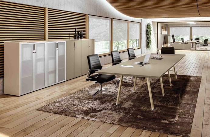 Tavolo riunione in legno per ufficio con gambe metalliche a cavalletto cm. 210/280x120x73,4h