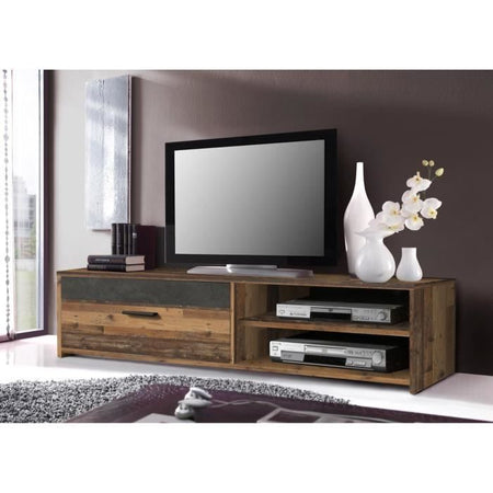 Mobile TV 1 cassetto 2 nicchie - Decoro legno vecchio e cemento grigio scuro - L 120 x P 42,1 x H 31,8 cm - PACO