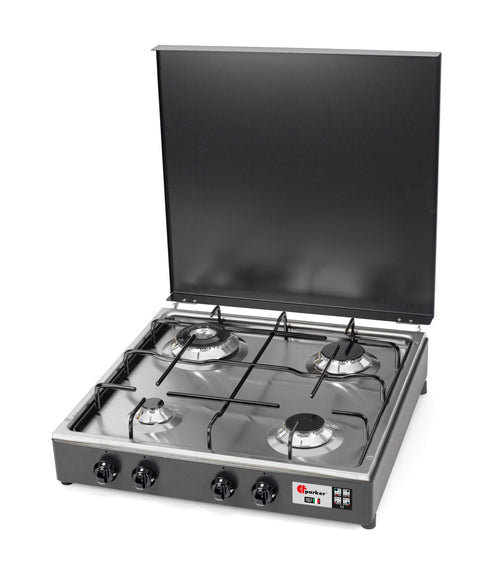 CFParker Fornello a Gas 4 Fuochi Gpl / Metano Doppia Corona Grigio Grafite e Piano Acciaio Inox mod. 542GSPGP/C