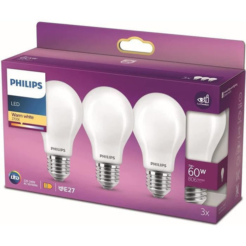 Philips, pacchetto di 3 lampadine a LED E27 60W, bianco caldo