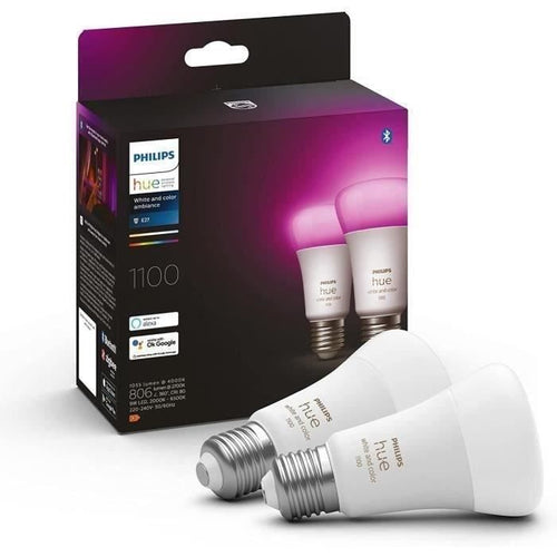 Philips Hue White & Color Ambiance, lampadina LED collegata E27, equivalente 75W, 1100 lumen, compatibile Bluetooth, pacchetto di 2