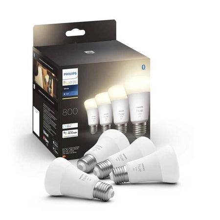 Philips Hue White, lampadina LED collegata E27, equivalente 60W, 800 lume, compatibile Bluetooth, 4 pacchetto