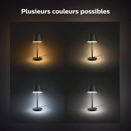 Philips White and Color Ambiance, lampada da tavolo portatile Hue Belle, compatibile Bluetooth, bianca