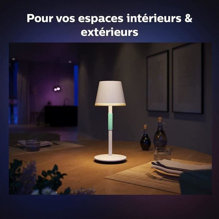 Philips White and Color Ambiance, lampada da tavolo portatile Hue Belle, compatibile Bluetooth, bianca