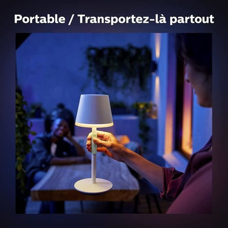 Philips White and Color Ambiance, lampada da tavolo portatile Hue Belle, compatibile Bluetooth, bianca