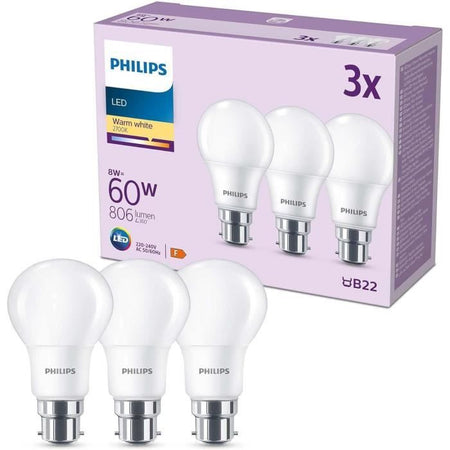 Lampadina LED - PHILIPS - 60 W - B22 - Bianco caldo - Satinato - Non dimmerabile - 3 pezzi