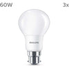 Lampadina LED - PHILIPS - 60 W - B22 - Bianco caldo - Satinato - Non dimmerabile - 3 pezzi