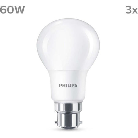 Lampadina LED - PHILIPS - 60 W - B22 - Bianco caldo - Satinato - Non dimmerabile - 3 pezzi