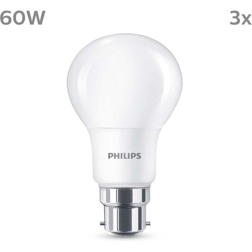 Lampadina LED - PHILIPS - 60 W - B22 - Bianco caldo - Satinato - Non dimmerabile - 3 pezzi
