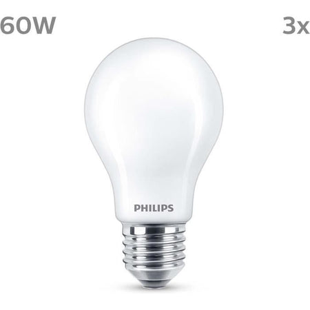 Lampadina LED - PHILIPS - Classica - 60 W - A60 E27 - Bianco caldo - Non dimmerabile x 3