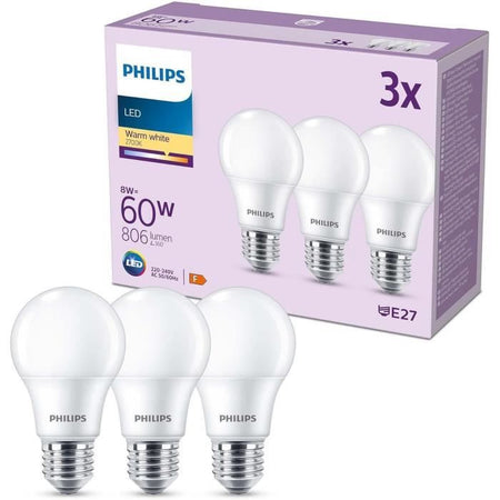 Lampadina LED - PHILIPS - 60 W - E27 - Bianco caldo - Satinato - Non dimmerabile - 3 pezzi