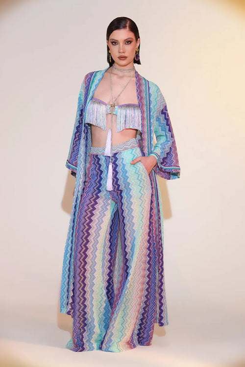 PHO Firenze | Kimono lungo fantasia con cintura e nappe