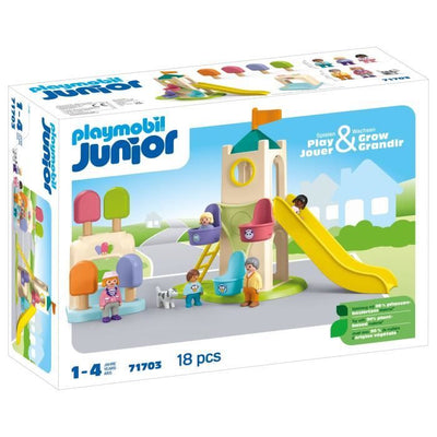 PLAYMOBIL Junior 71703 Parco giochi con scivolo gigante Include cinque personaggi, scivolo e accessori - Da 1 anno in su